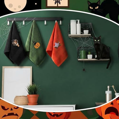 FuWeave 3 Pcs Orange Green Halloween Ghost Hand Towels for Bathroom