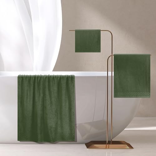 MyOwn Ultra Soft 3 Pack Cotton Towel Set, Contains a Bath Towels 28x55 inch, a Hand Towels 16x24 inch & a Wash Coths 12x12 inch, Ideal Everyday use, Compact & Lightweight - Olive Green