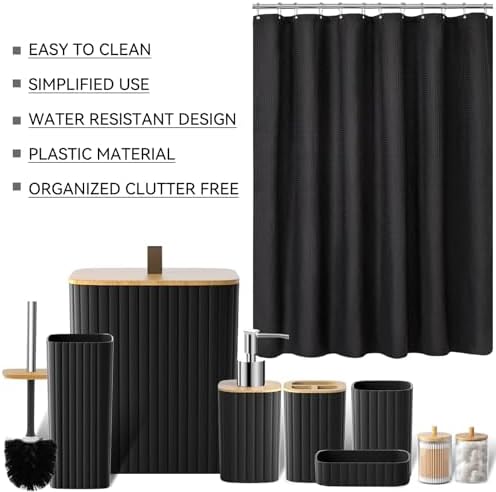Black Bathroom Set Shower Curtain Set Complete with Trash Can-22PCS