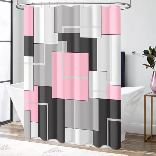 BTTN Pink Modern Geometric Waterproof Fabric Shower Curtain Set, 72 x 72