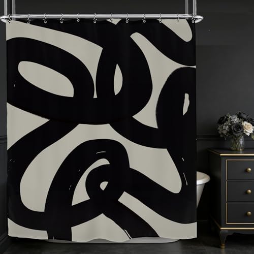 Abstract Black Line Shower Curtain 72Wx84L Inch Extra Long Modern Minimalist Contemporary Geometric Neutral Bathroom Set Accessories Decor with 12 Pack Hooks