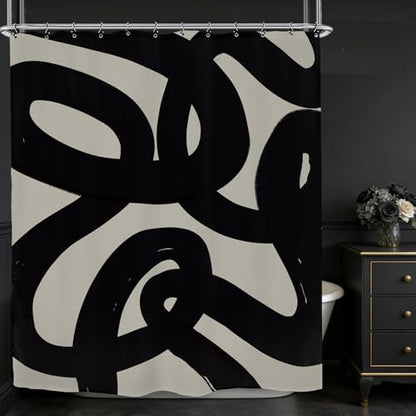 Abstract Black Line Shower Curtain 72Wx84L Inch Extra Long Modern Minimalist Contemporary Geometric Neutral Bathroom Set Accessories Decor with 12 Pack Hooks