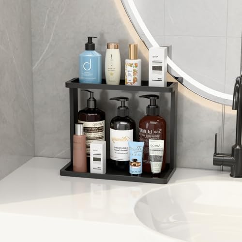 PEKER Bamboo Bathroom Organizer Countertop – Small Vanity Storage Shelf for Makeup, Perfume, Skincare – Natural Cosmetics Display Rack for Dresser, Sink, Kitchen –Black