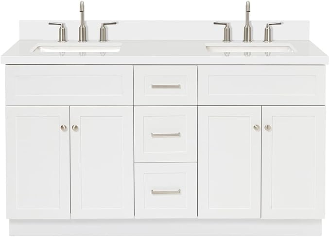 ARIEL Hamlet 60-inch Bathroom Vanity with Sink,Solid Wood, 1.5-inch Pure White Quartz Countertop & Backsplash, Double Rectangular Porcelain Sink, 4 Soft Closing Doors, 3 Dovetail Drawers, White