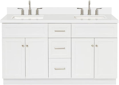 ARIEL Hamlet 60-inch Bathroom Vanity with Sink,Solid Wood, 1.5-inch Pure White Quartz Countertop & Backsplash, Double Rectangular Porcelain Sink, 4 Soft Closing Doors, 3 Dovetail Drawers, White