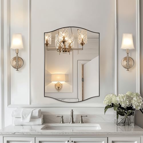 ANDY STAR Brushed Nickel Bathroom Mirror, 20"x30" Scalloped Wall Mirror in Stainless Steel Metal Frame, Unique Vanity Mirror with Modern Curved Edge Design, Ideal for Bathroom, Bedroom, Entryway