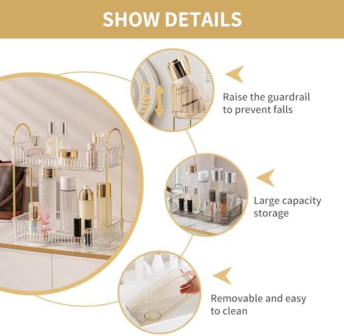 Akinbas 2 Tier Bathroom Organizer Countertop Makeup Perfume Tray Skincare Organizer for Bathroom Dresser Vanity (White)
