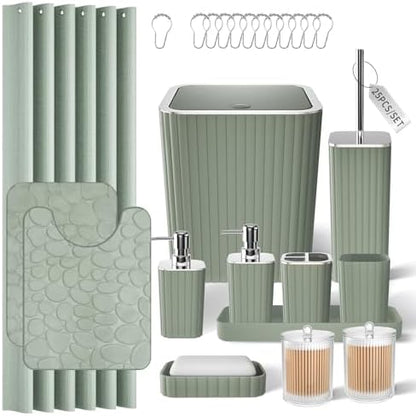 XLHOMO Bathroom Accessories Set - 25PC Sage Bathroom Set, Bathroom Set with Shower Curtain and Rugs, Sage Green Shower Curtain Set, Bathroom Accessory Set, Trash Can & Soap Dispenser