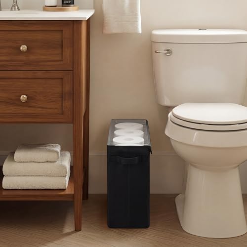 Cupic Cupid Toilet Paper Storage Baskets, Bathroom Toilet Paper Storage with Lid, Holds 12 Regular or 9 Mega Rolls, Slim Toilet Tissue Holder Basket with Clear PVC Lid and Handles for Home, Black