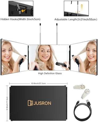JUSRON 360 Viewing Angle Self Hair Cutting Mirror, Clear Anti-Fog HD Glass, USB Rechargeable, Easy to Use, Height Adjustable, Portable, Good Choice for Gifts