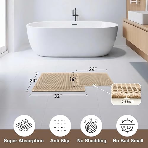 JIUZHEN Set of 2 Waffle Bath Mats Boho Bath Rugs 16"x24"+20"x32", Brown