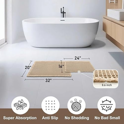 JIUZHEN Set of 2 Waffle Bath Mats Boho Bath Rugs 16"x24"+20"x32", Brown