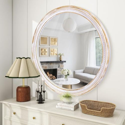 30 Inch Round Wood Mirror, Rustic Farmhouse Wall Mirrors for Bathroom