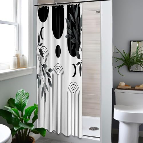 Mid Century Modern White and Black Shower Curtain Bohemian MCM Black and White Shower Curtains for Mens Bathroom Decor, Boho Minimalist Pattern, Waterproof Cloth Fabric with Hooks 36x72 in