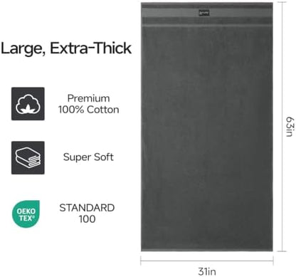 REDKISS 4 Pack Large Bath Towels Set, 100% Cotton, 31x63 in, Heavyweight 760G, Highly Absorbent & Quick Dry, Super Soft Luxury Towels for Bathroom,Hotel Collection - Dark Gray