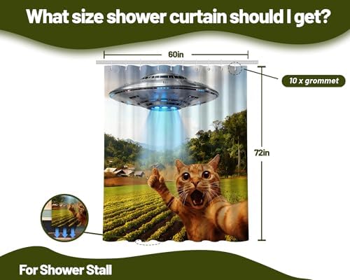 Funny Cat Shower Curtain Cool Teen UFO, 60x72 Inchs