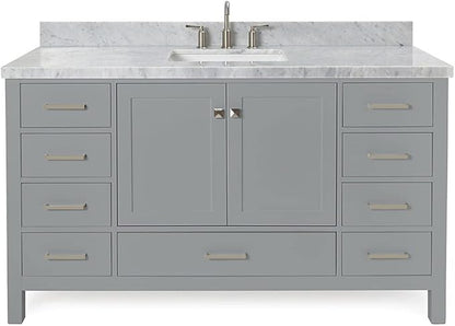 ARIEL Cambridge 60-inch Bathroom Vanity with Sink,Solid Wood, 1.5-inch Italian Carrara Marble Countertop, Single Rectangular Porcelain Sink, 2 Soft Closing Doors, 9 Dovetail Drawers, Grey