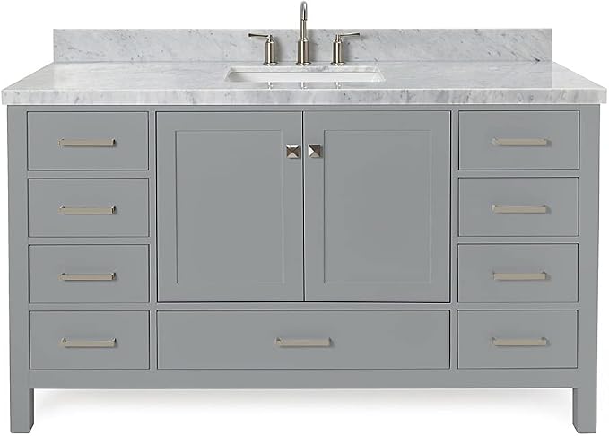 ARIEL Cambridge 60-inch Bathroom Vanity with Sink,Solid Wood, 1.5-inch Italian Carrara Marble Countertop, Single Rectangular Porcelain Sink, 2 Soft Closing Doors, 9 Dovetail Drawers, Grey
