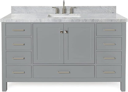 ARIEL Cambridge 60-inch Bathroom Vanity with Sink,Solid Wood, 1.5-inch Italian Carrara Marble Countertop, Single Rectangular Porcelain Sink, 2 Soft Closing Doors, 9 Dovetail Drawers, Grey
