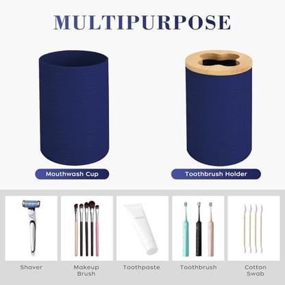 4Pcs Navy Blue Bathroom Set, Soap Dispenser, Dish & Bamboo Holder, Rustic