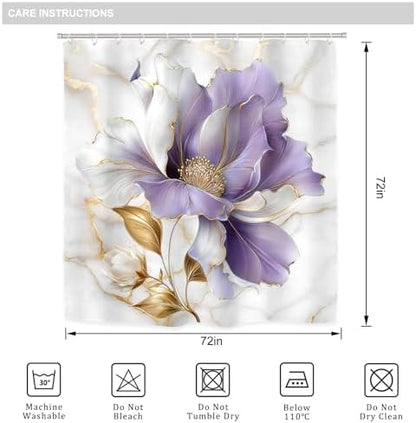 Purple Gold Marble Floral Modern 4Pcs Bathroom Shower Curtain Set with Rugs
