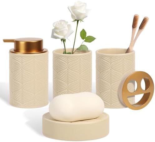 Kukikan Ceramic Bathroom Accessories Set, 4 Pcs-Includes Lotion Soap Dispenser, Toothbrush Holder, Vanity Tray, and Tumbler, Modern Bathroom Decor Organizer with Soap Dish, Apothecary Jar, Beige Color