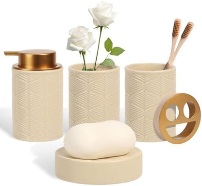 Kukikan Ceramic Bathroom Accessories Set, 4 Pcs-Includes Lotion Soap Dispenser, Toothbrush Holder, Vanity Tray, and Tumbler, Modern Bathroom Decor Organizer with Soap Dish, Apothecary Jar, Beige Color