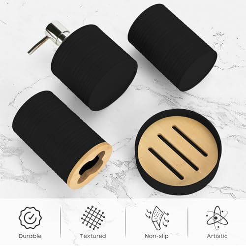 4PCS Black Bathroom Set, Soap Dispenser, Dish & Bamboo Holder, Rustic