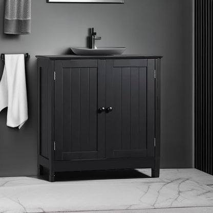 HOMCOM Under Sink Bathroom Cabinet, Pedestal Sink Storage Cabinet with 2 Doors, Shelf and U-Shape, Black
