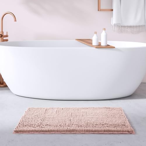 FRESHMINT Large Chenille Bathroom Rugs Mat 36”x24”, Non-Slip Bath Mat for Bathroom Floor & Bathtub, Washable Shower Shag Bath Rugs, Soft Fluffy Thick Water Absorbent Microfiber Shower Mat, Dusty Pink