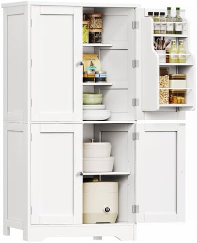 Pantry Cabinet with 4 Doors, Kitchen Storage Cabinet with Door Shelves,