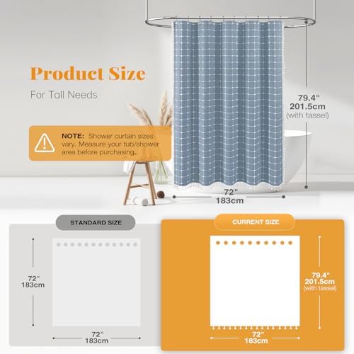 BTTN 72x78 Boho Farmhouse Linen Heavy Duty Fabric Shower Curtain Set, Blue