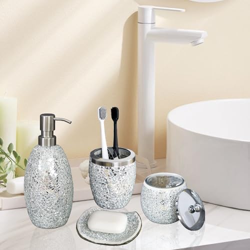 Escenzy Silver Bathroom Accessories Set 4 Pcs | Handcrafted Mosaic Glass Soap Dispenser, Toothbrush Holder, Cotton Jar, Soap Tray | Luxury Silver Glitter Bathroom Decor | Glam Home Gift