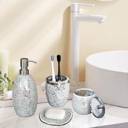 Escenzy Silver Bathroom Accessories Set 4 Pcs | Handcrafted Mosaic Glass Soap Dispenser, Toothbrush Holder, Cotton Jar, Soap Tray | Luxury Silver Glitter Bathroom Decor | Glam Home Gift