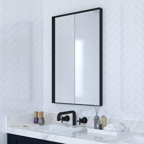 VocalStar Black Metal Framed Bathroom Mirror for Wall, 22 x 30 Inch Square Corner Rectangle Black Bathroom Vanity Mirror Modern Farmhouse, 1/4-inch Shatterproof Glass | Ultra-Flush Hanging