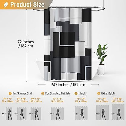 BTTN 60 x 72 Modern Geometric Waterproof Fabric Shower Curtain Set, Black