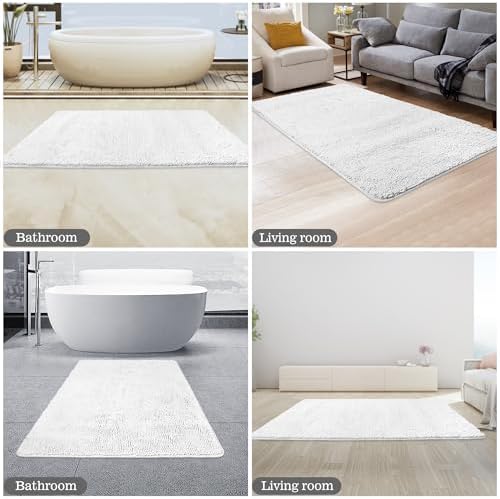 Yeaban Chenille White Bathroom Rug 30"x50",Non-Slip Rubber Backing