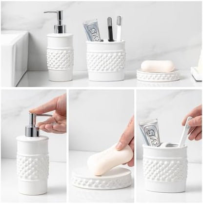 3-Piece White Ceramic Bathroom Accessories Set - Luxurious Soap Dispenser, Toothbrush Holder & Soap Dish with Modern Geo Embossed Design for Bathroom Accessory Set