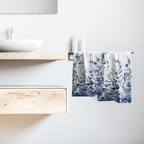 Blue Eucalyptus Leaves Hand Towels Set of 2, Botanical Leaf Floral Face Towel 28X14 inch, Quick Dry Super Absorbent Soft Washcloths for Kitchen Bathroom Yoga Workout Gym