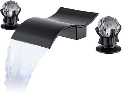 Widespread Bathroom Sink Faucet with Crystal Knob 3 Hole Waterfall Vanity Faucet 8 Inch Crystal Bathroom Faucets Deck Mount Basin Mixer Tap with Hose, Matte Black