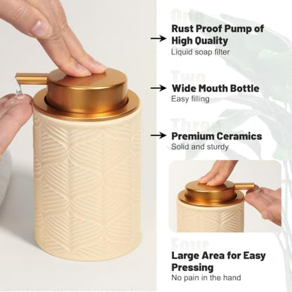 Kukikan Ceramic Bathroom Accessories Set, 4 Pcs-Includes Lotion Soap Dispenser, Toothbrush Holder, Vanity Tray, and Tumbler, Modern Bathroom Decor Organizer with Soap Dish, Apothecary Jar, Beige Color