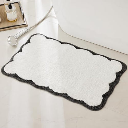 Ohocut Luxury Microfiber Bathroom Rugs, White Bath Rug with Black Grey Scalloped Piping Cute Aesthetic Preppy Bath Mat for Bathroom, Tub, Floor Carpet, Sink, Shower, Anti Slip, Absorbent, 26x16
