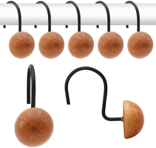 Shower Curtain Hooks, Wood Decorative Shower Curtain Rings, Modern Round Log Shower Curtain Hangers, 12PCS Shower Hooks for Shower Curtain Rod, Bedroom, Living Room (Hemispherical-Black)