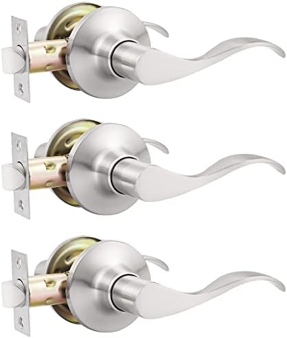 GOBEKOR 3 Pack Passage Door Levers Hallway Closet Door Handles Brushed Nickel Interior Door Handle with Lock Keyless Wave Door Handle Lever