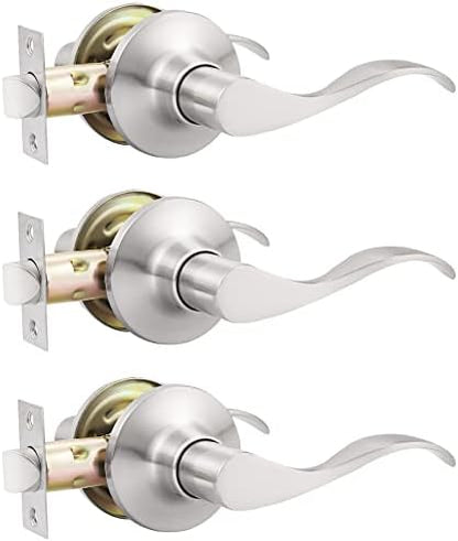 GOBEKOR 3 Pack Passage Door Levers Hallway Closet Door Handles Brushed Nickel Interior Door Handle with Lock Keyless Wave Door Handle Lever