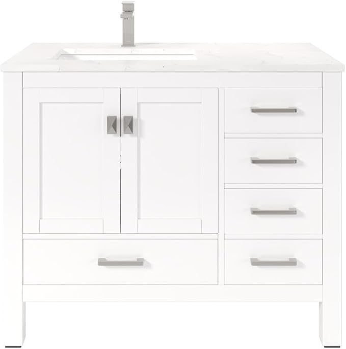 Eviva London 42 in. White Single Sink Bath Vanity with Carrara Quartz Top and Left Porcelain Sink