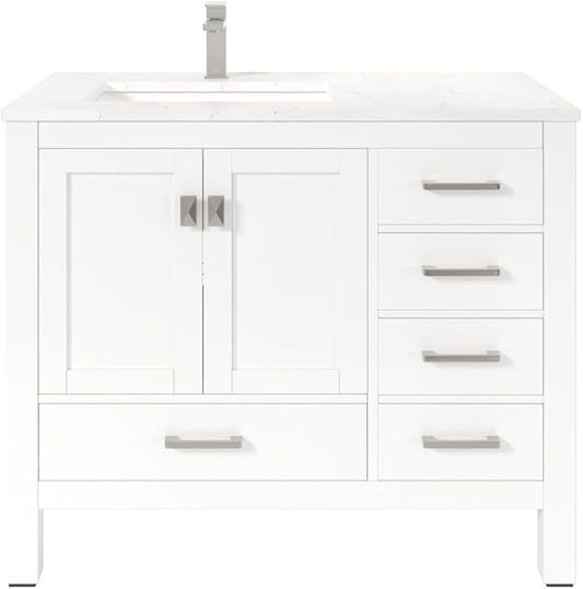 Eviva London 42 in. White Single Sink Bath Vanity with Carrara Quartz Top and Left Porcelain Sink