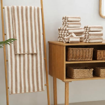 18 Pcs Light Brown Beige Cabana Stripe Bath Towel Set with Hanging Loop-6 Bath Towels,6 Hand Towels,6 Washcloths Family Towels Soft Microfiber Highly Absorbent Shower Towel for Bathroom Beach Spa Gym