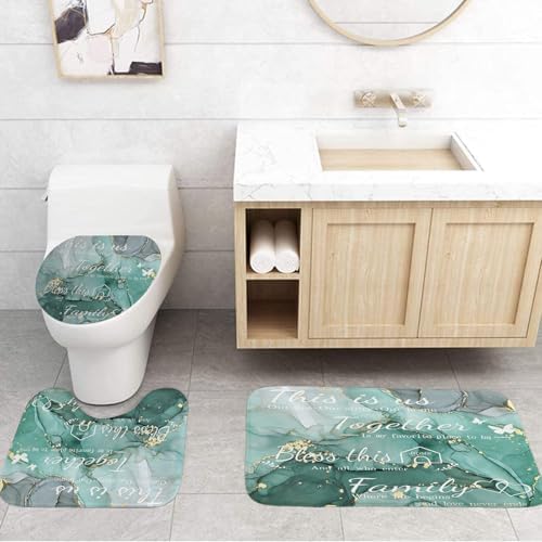4Pcs Family Marble Shower Curtain Sets with Rugs