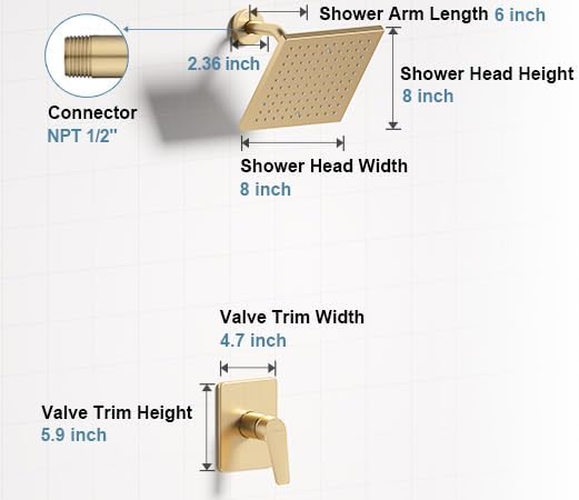 Gold Shower Head and Valve Set Single Spray Premium Wall Mount 8 Inch Rainfall Squre 1 Handle Shower Faucet with Rough-in Valves and Knob Kit for Bathroom Mixer （1.8GPM)